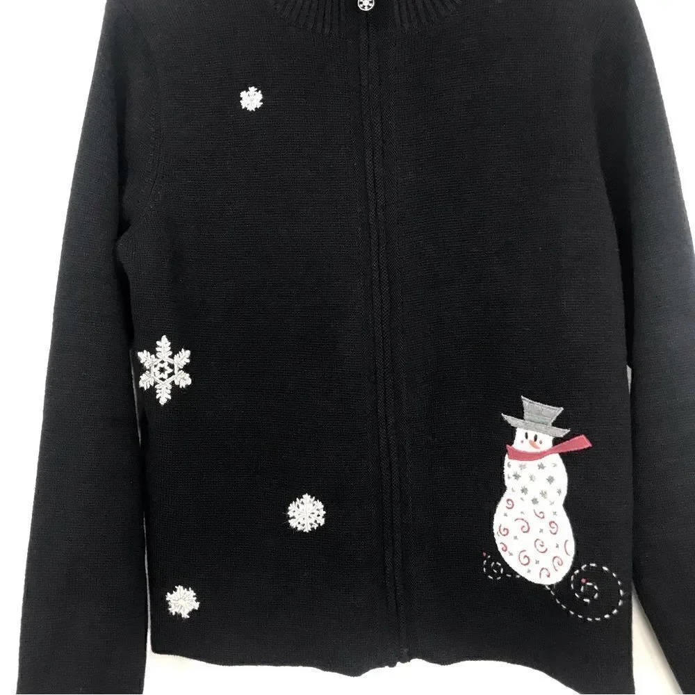 Woolrich Black Knit Snowman Snowflake Zip Up Cardigan Holiday Ski Lodge Sweater